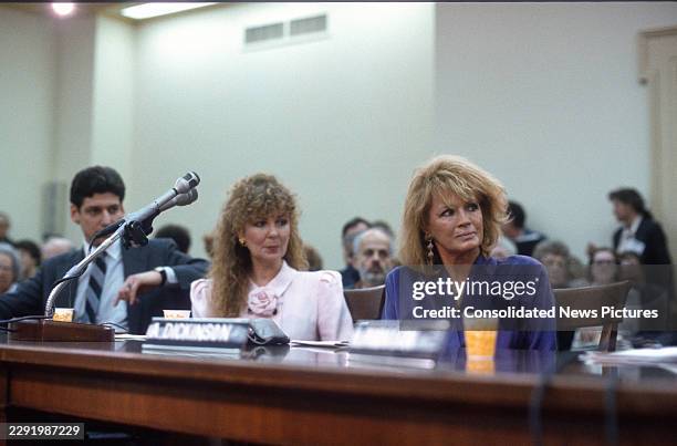American actors Shelley Fabares and Angie Dickinson testify before the US House Select Committee on Aging at the Rayburn House Office Building on...