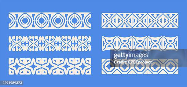 hawaiian tribal seamless pattern border. blue tribal geometric border pattern set. ethnic tribal ornament border set - maori stock illustrations