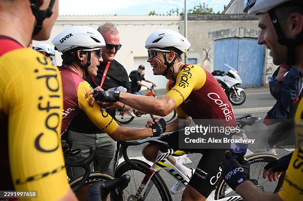 Stage winner Milan Fretin of Belgium and Team Cofidis celebrates the victory with his team-mate Ion Izagirre of Spain after the 40th Tour Poitou -...