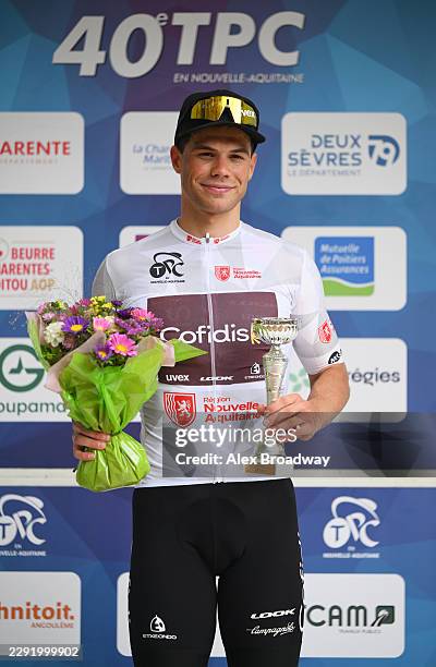 Milan Fretin of Belgium and Team Cofidis celebrates at podium as White Leader Jersey winner during the 40th Tour Poitou - Charentes en Nouvelle...