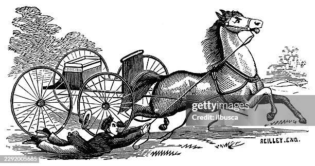 horse pulling wagon with man falling - gravity pull stock illustrations