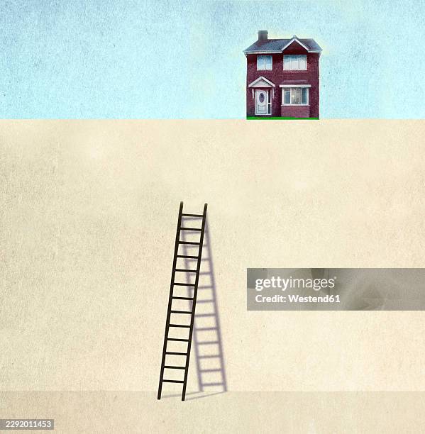 short ladder leaning on a high wall with an inaccessible house - unequal stock illustrations