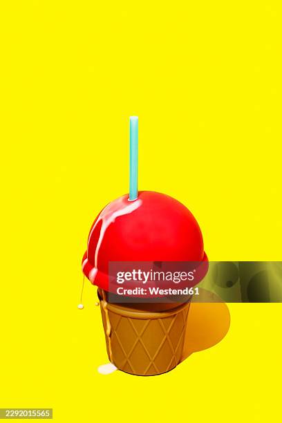 dripping red ice cream bottle with blue straw on yellow background - indoor shooting range stock illustrations