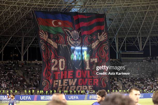 Sabah's fan show a banner before the UEFA Champions League 2026/27 Play-offs 2nd leg between Sabah and H. Beer-Sheva at Tofig Bahramov Stadium on...