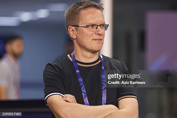 Head coach of Sabah Valdas Dambrauskas looks on before the UEFA Champions League 2026/27 Play-offs 2nd leg between Sabah and H. Beer-Sheva at Tofig...