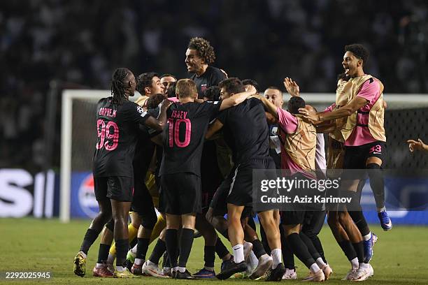 Tellur Mutallimov of Sabah celebrates a goal with teammates during the UEFA Champions League 2026/27 Play-offs 2nd leg between Sabah and H....