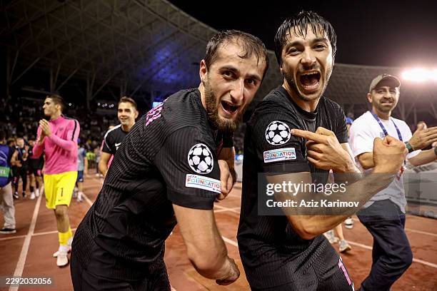 Abdulakh Khaibulaev and Tellur Mutallimov of Sabah show the Champions League pin after winning the UEFA Champions League 2026/27 Play-offs 2nd leg...
