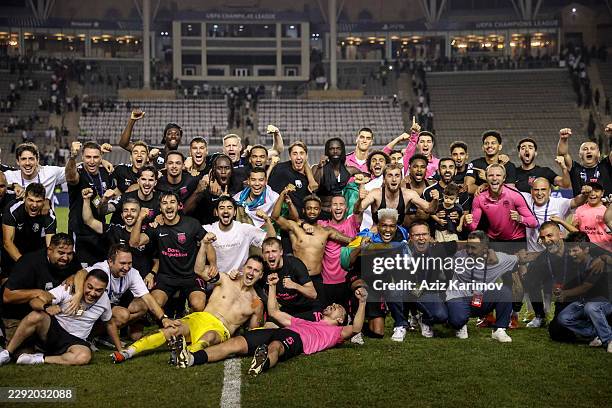 Team of Sabah pose for a group photo after winning the UEFA Champions League 2026/27 Play-offs Second leg between Sabah and H. Beer-Sheva at Tofig...