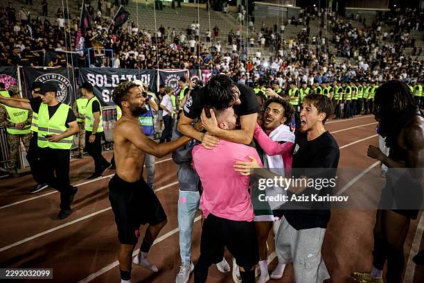 Team of Sabah celebrate winning after the UEFA Champions League 2026/27 Play-offs Second leg between Sabah and H. Beer-Sheva at Tofig Bahramov...