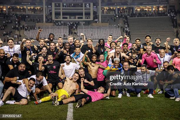 Team of Sabah takes group photos winning after the UEFA Champions League 2026/27 Play-offs Second leg between Sabah and H. Beer-Sheva at Tofig...