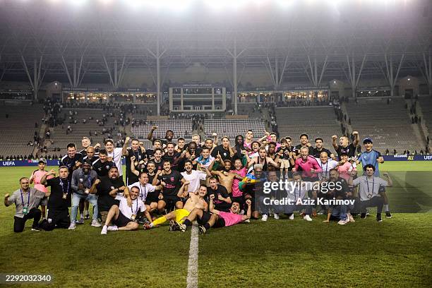 Team of Sabah pose for a group photo after winning the UEFA Champions League 2026/27 Play-offs Second leg between Sabah and H. Beer-Sheva at Tofig...
