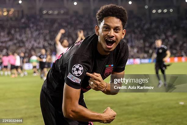 Erivaldo Almeida of Sabah shows the Champions League pin winning after the UEFA Champions League 2026/27 Play-offs 2nd leg between Sabah and H....
