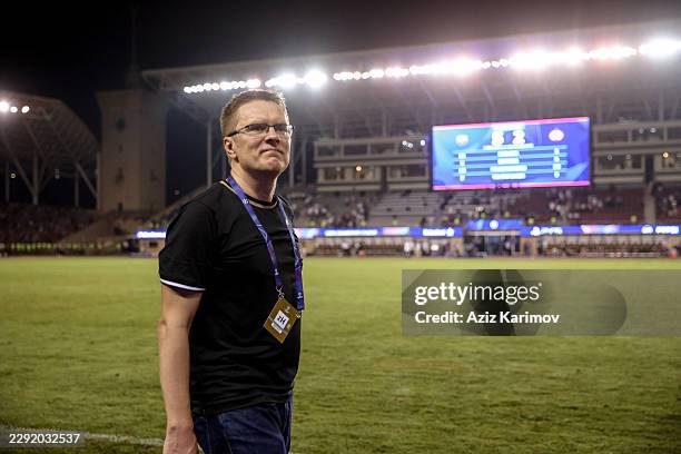 Head coach of Sabah Valdas Dambrauskas celebrates winning after the UEFA Champions League 2026/27 Play-offs 2nd leg between Sabah and H. Beer-Sheva...