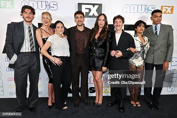 Jack Innanen, Lucy Freyer, Sarah Naftalis, Ben Kronengold, Rebecca Shaw, Malik Elassal, Amita Rao, and Owen Thiele attend FX's "Adults" Season 2...