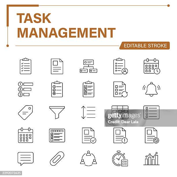 task management editable stroke line icon set – to-do list, checklist, scheduling, progress and collaboration - project management process stock illustrations