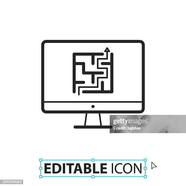 desktop computer with maze - line editable icon on white background - exit strategy stock illustrations