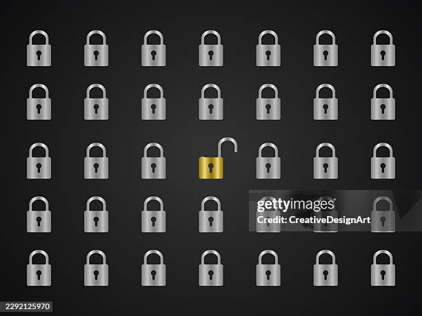unlocked padlock standing out among closed locks, cybersecurity vulnerability, unauthorized access, privacy risk, data breach and digital protection concept - software vulnerability stock illustrations