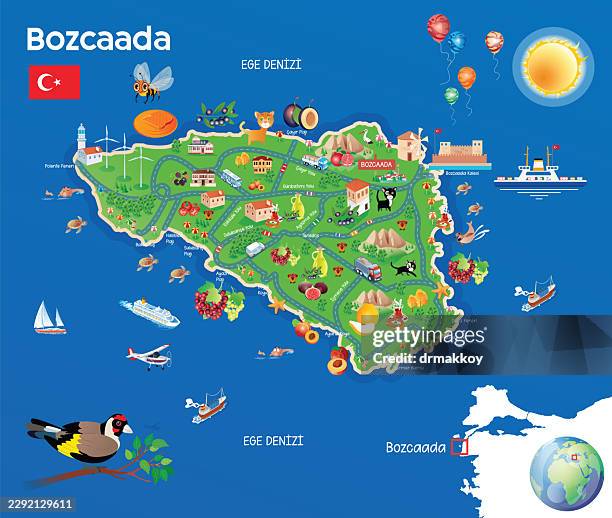 bozcaada travel map vector poster - figs stock illustrations