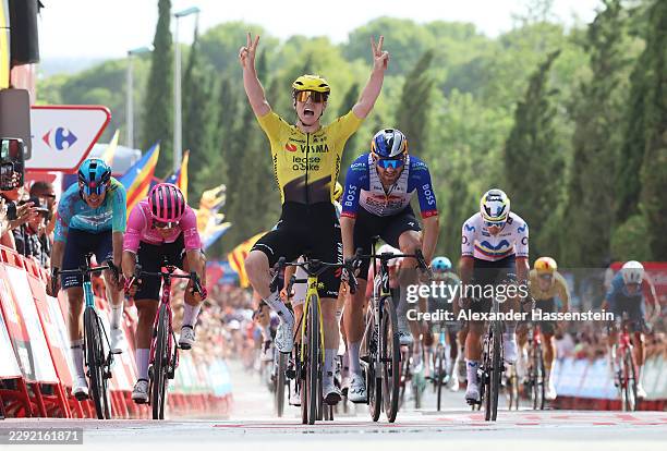 Matthew Brennan of Great Britain and Team Visma | Lease a Bike celebrates at finish line as stage winner ahead of Jordi Meeus of Belgium and Team Red...