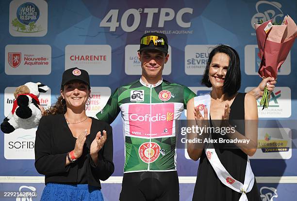 Milan Fretin of Belgium and Team Cofidis celebrates at podium as Green Points Jersey winner during the 40th Tour Poitou - Charentes en Nouvelle...