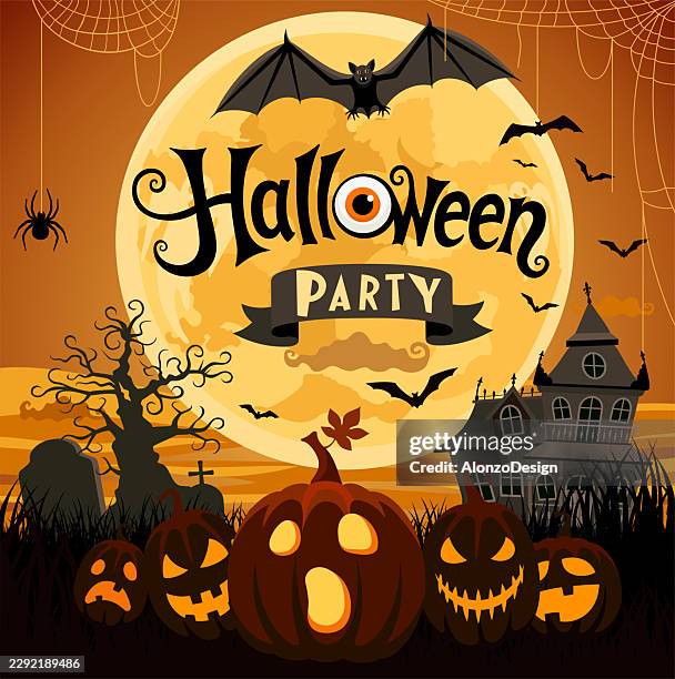 halloween party illustration with haunted house, bats and jack o lanterns - pumpkin spice stock illustrations
