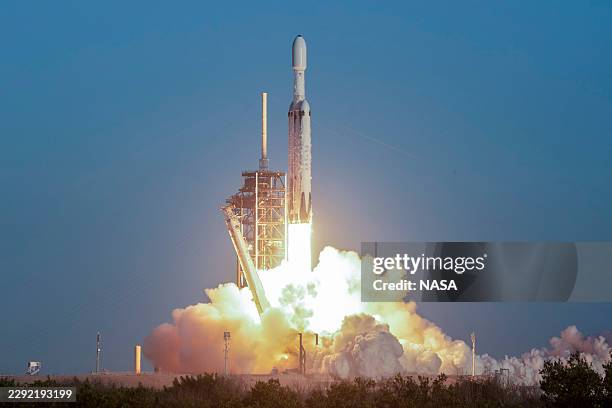 In this NASA handout, a SpaceX Falcon Heavy rocket launches with NASA'S Nancy Grace Roman Space Telescope onboard from Launch Complex 39A, at NASA's...