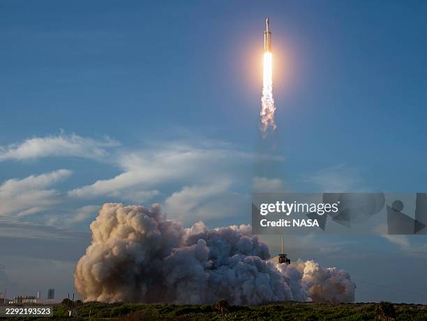 In this NASA handout, a SpaceX Falcon Heavy rocket launches with NASA'S Nancy Grace Roman Space Telescope onboard from Launch Complex 39A, at NASA's...