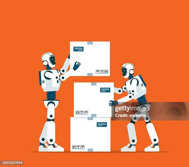 ai robot - automation warehouse - remote collaboration stock illustrations