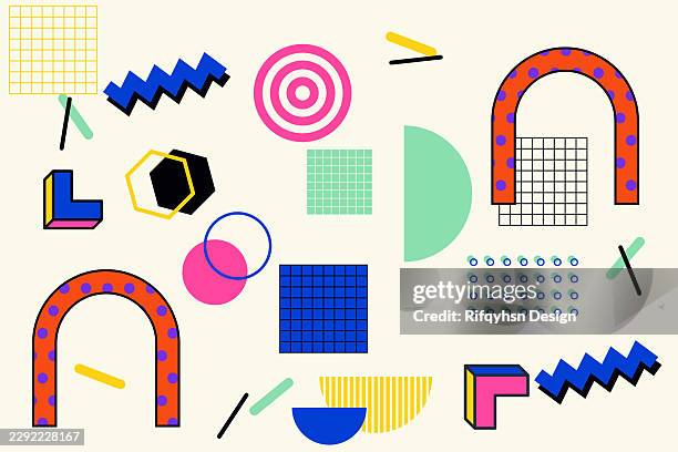modern retro geometric pattern with colorful abstract shapes, doodle lines, halftone dots, circles, triangles and zigzags, vibrant pastel blue, pink and orange design for posters, templates and backgrounds - powerpoint template stock illustrations