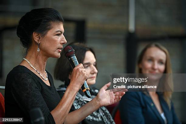 August 2026, Saxony-Anhalt, Magdeburg: Sahra Wagenknecht , BSW party founder and chair of the BSW Commission on Core Values; Daniela Dahn, author;...