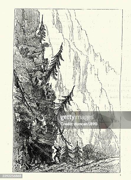 explorers climbing cliffs by the matane river canada, vintage illustration - quebec landscape stock illustrations