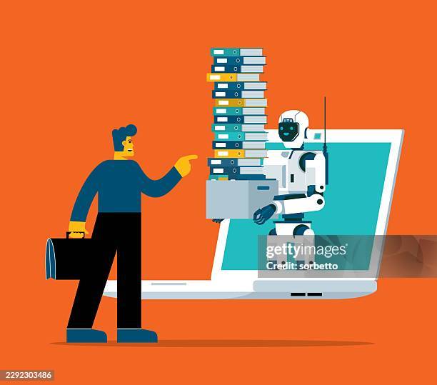 businessman control robot - laptop - remote support stock illustrations