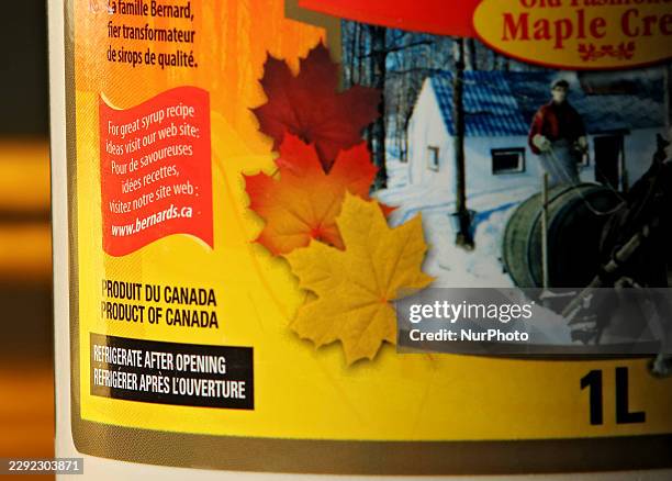 Maple syrup product displaying Canadian-related labelling is shown in Brampton, Ontario, on August 30, 2026. Following an escalation of the...