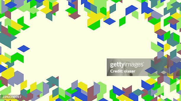 colorful geometric mosaic border frames a pale cream center, with overlapping angular shapes in bright green, blue, yellow, and purple creating a lively decorative edge. - lime background stock illustrations