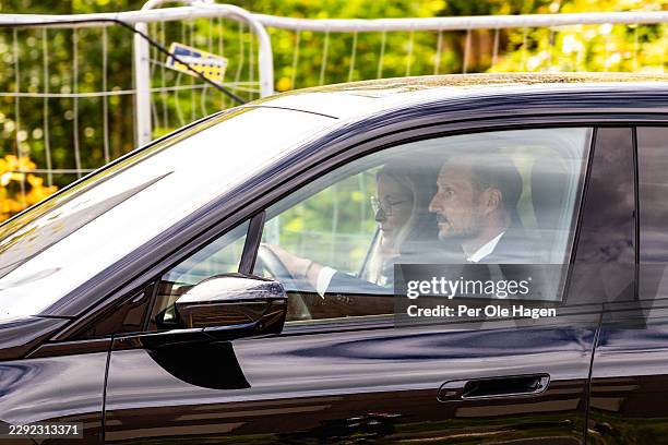 Crown Princess Mette Marit and Crown Prince Haakon of Norway leaving the Oslo University Hospital, where King Harald V of Norway is in a serious...
