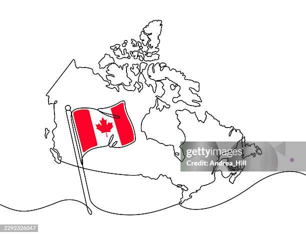 canada flag and country map continuous line drawing banner with copy space - maple leaf icon editable stroke stock illustrations