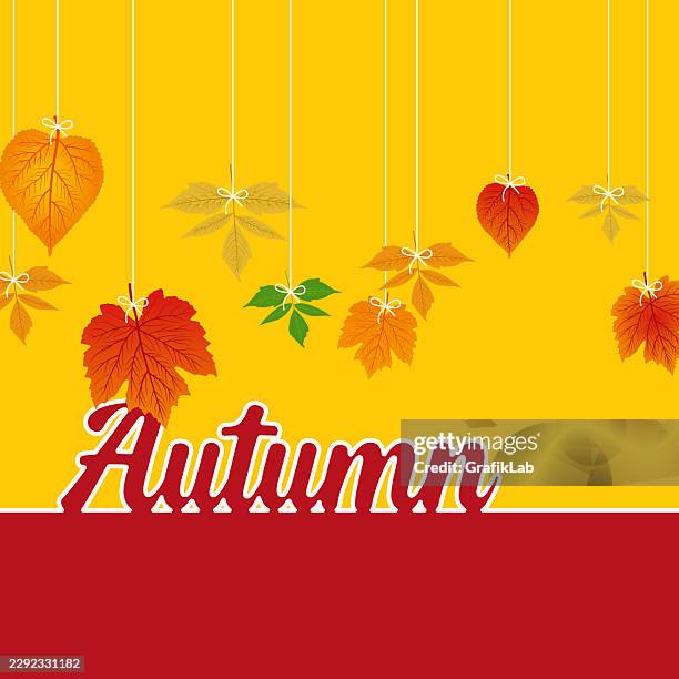 autumn leaves hanging on strings and season text on two colored background - brown twine stock illustrations