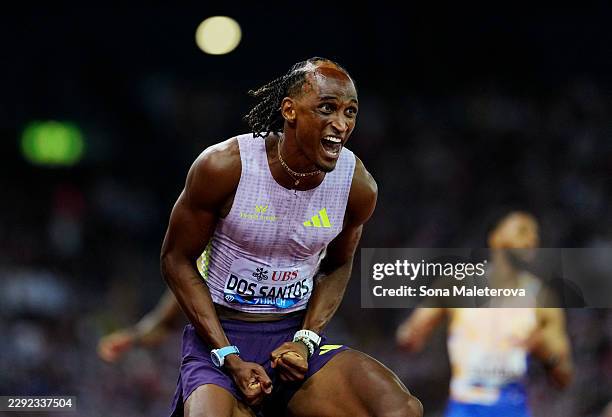 Alison dos Santos of Team Brazil celebrates his victory and new World Lead record in the Men's 400m Hurdles during the Weltklasse Zurich, part of the...