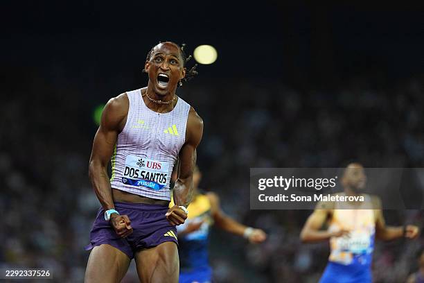 Alison dos Santos of Team Brazil celebrates his victory and new World Lead record in the Men's 400m Hurdles during the Weltklasse Zurich, part of the...