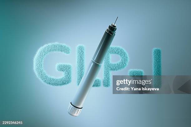 glp-1 semaglutide injection pen for obesity and type 2 diabetes treatment, weight loss and metabolic health concept with glucagon-like peptide-1 lettering on a clinical blue background - peptide stock pictures, royalty-free photos & images
