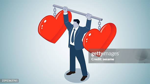 balancing psychological stress, managing and controlling emotions, and issues related to charitable giving. an isometric view of a merchant lifting two giant heart-shaped objects - high intensity workout stock illustrations