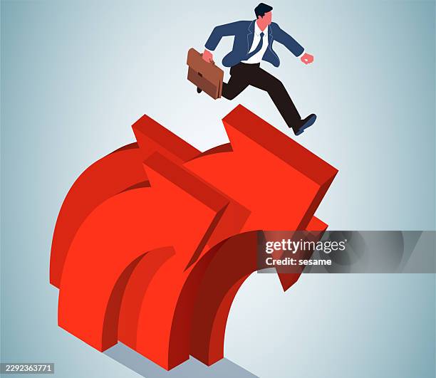 challenges and opportunities overcoming difficulties, self-improvement, and pushing beyond one’s limits. an isometric view of a businessman leaping over an arrow symbolizing rapid growth - stepping forward stock illustrations