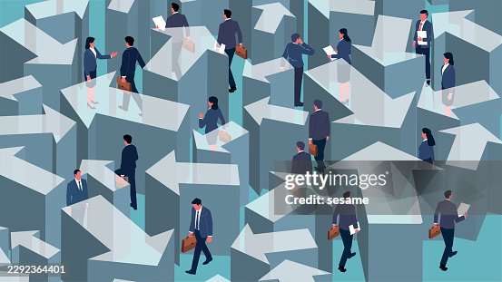 Complex problems, decision-making, choosing a direction, getting lost in a maze. An isometric view trapped among a complex web of arrows pointing in different directions Complex problems, decision-making, choosing a direction, getting lost in a maze. An isometric view trapped among a complex web of arrows pointing in different directions