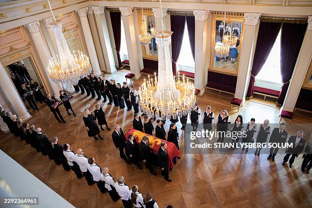 The coffin of King Harald V of Norway is moved from the Red Salon to the Palace Chapel in Oslo on August 31, 2026 by members of the royal family: The...