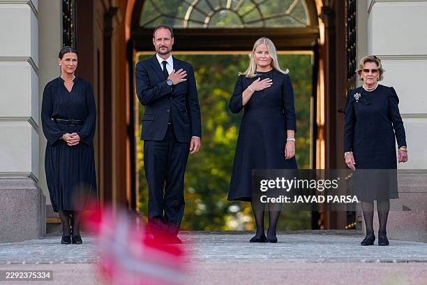 Princess Maertha Louise of Norway, King Haakon VIII of Norway, Queen Mette-Marit of Norway and Queen Sonja of Norway react as they arrive at the...