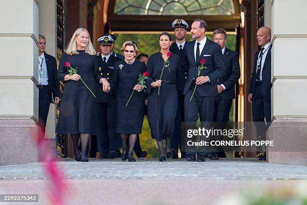King Haakon VIII of Norway, Princess Maertha Louise of Norway, Queen Sonja of Norway and Queen Mette-Marit of Norway arrive at the Palace Square to...