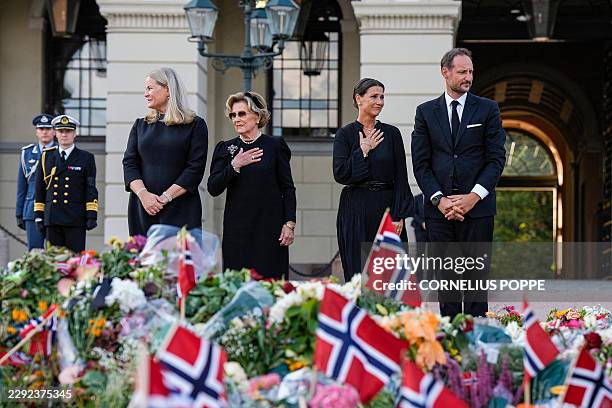King Haakon VIII of Norway, Princess Maertha Louise of Norway, Queen Sonja of Norway and Queen Mette-Marit of Norway arrive at the Palace Square to...
