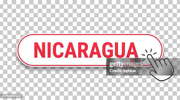 nicaragua - 3d click web button with hand cursor on blank background - pressing red button stock illustrations