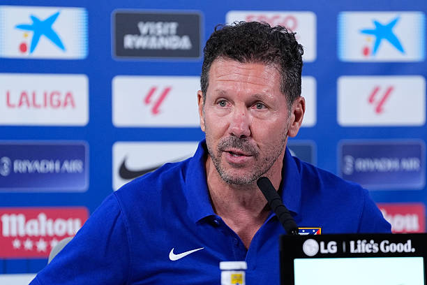 Diego Pablo Simeone, head coach of Atletico de Madrid, attends his press conference during a training session of Atletico de Madrid ahead the Spanish...