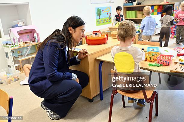 Flemish Minister for Education and Work Zuhal Demir pictured during a visit to primary school Het Wiebelwoud at the start of the new school year,...